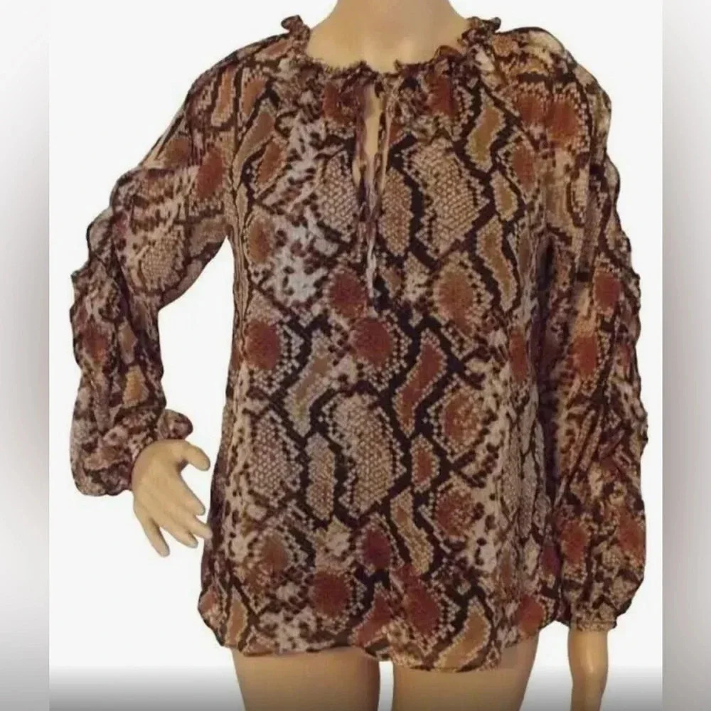 1.State Ruffle Cold Shoulder Snakeskin print with Tie Neck- Size Medium